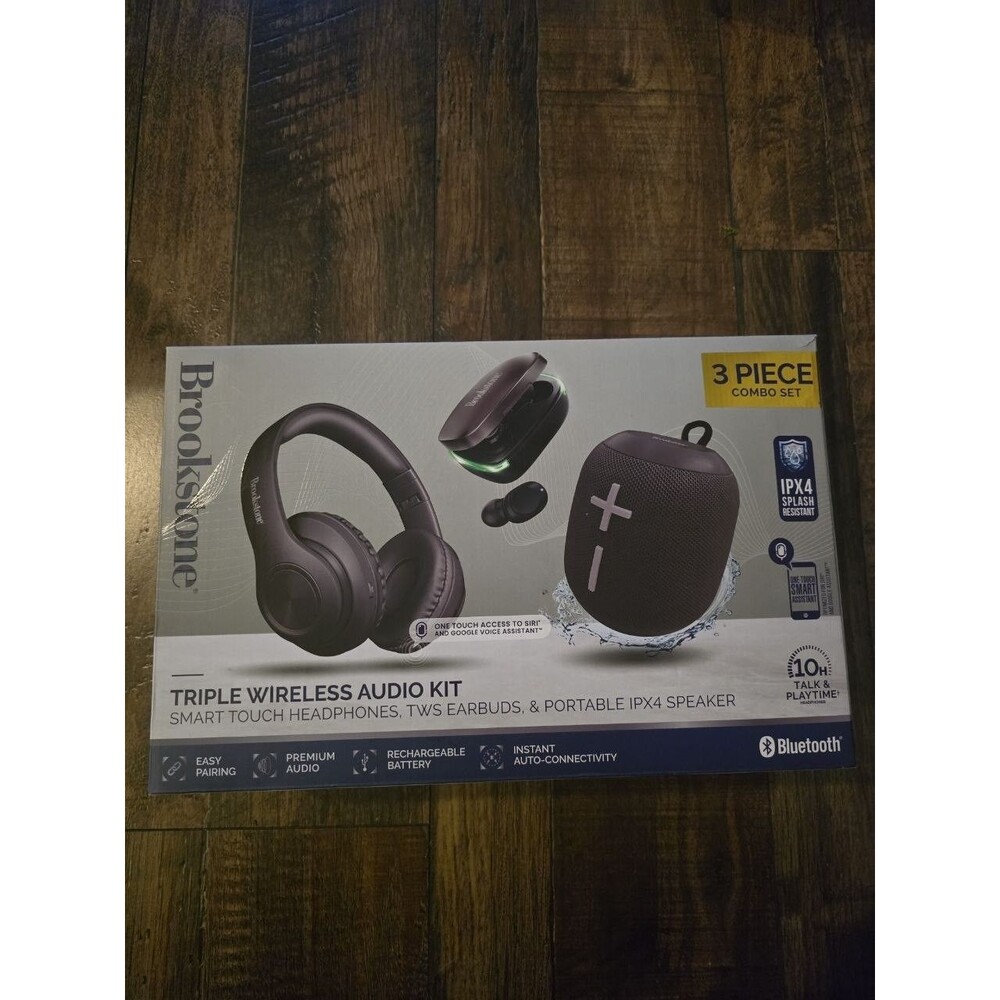 Brookstone Triple Wireless Audio Kit Bluetooth Headphones Earbuds Speaker New